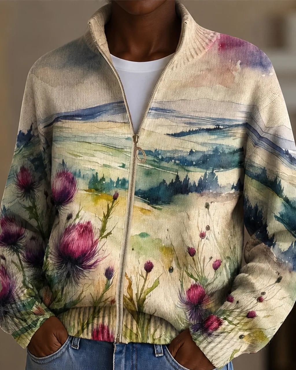 Zelda | Scottish Thistle Landscape Zip Cardigan