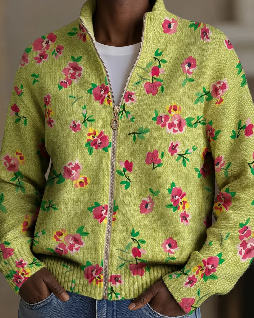 Constance | Pink Floral Lime Zip Cardigan