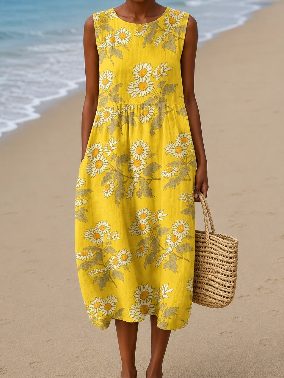 Cameron - Women's Sleeveless Printed Beach Midi Dress Loose
