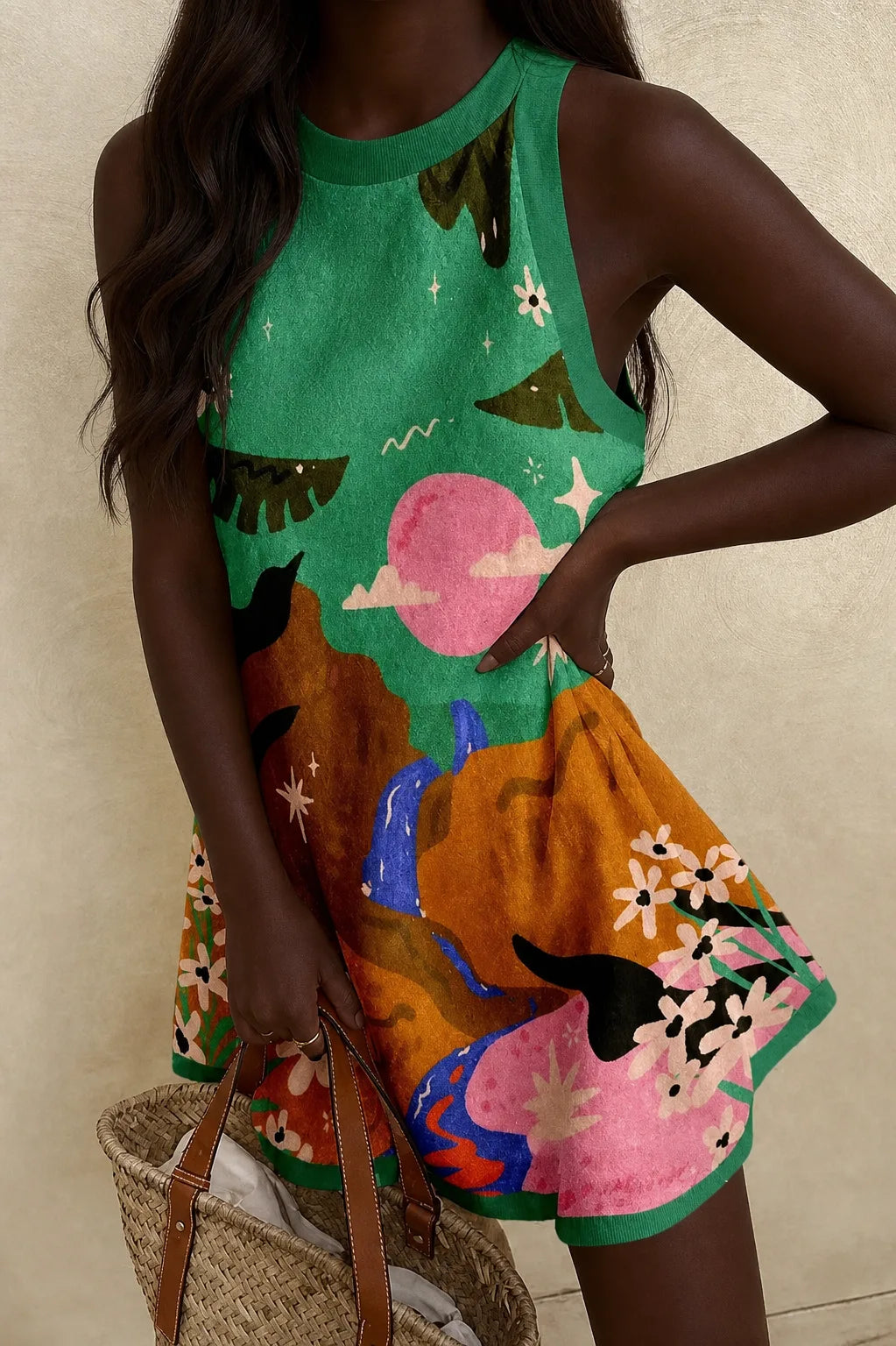 Yara | Green Boho Art-Print Sundress
