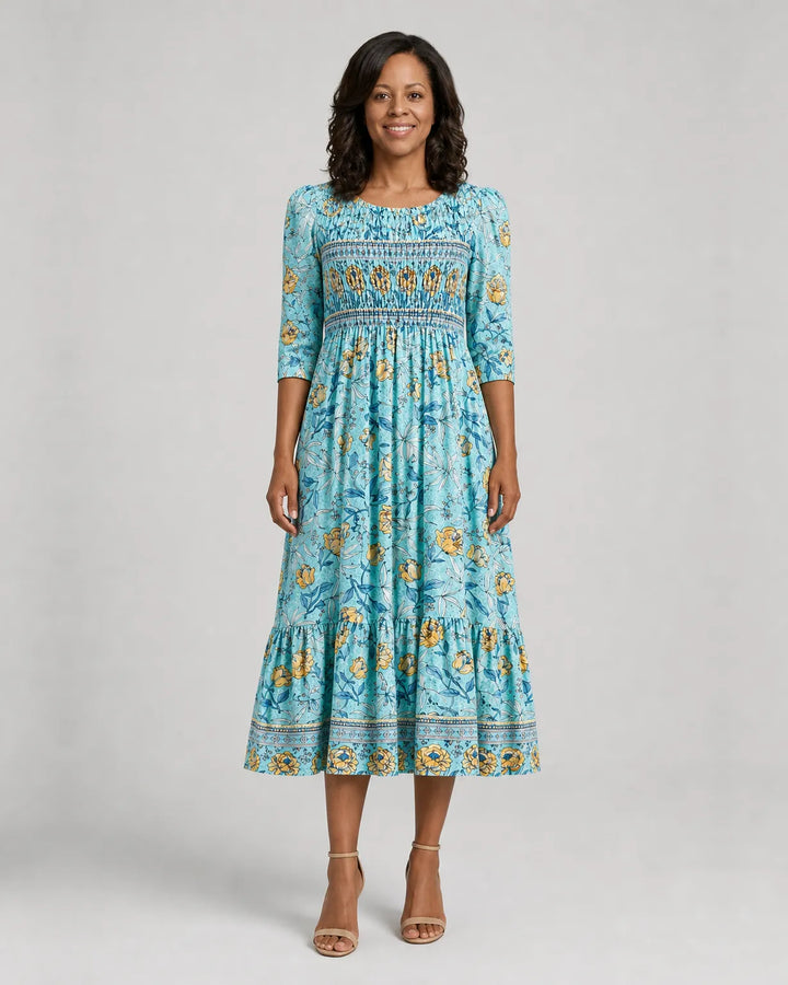 Amara | Golden Bloom Smocked Garden Midi Dress