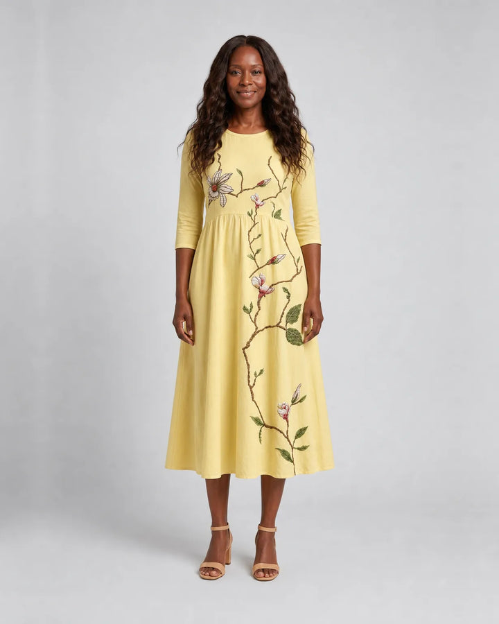 Yara | Golden Blossom Pocket Midi Dress