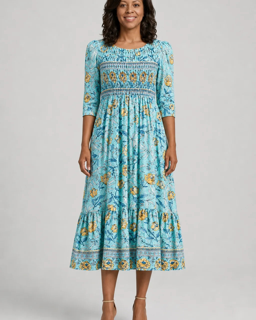 Amara | Golden Bloom Smocked Garden Midi Dress