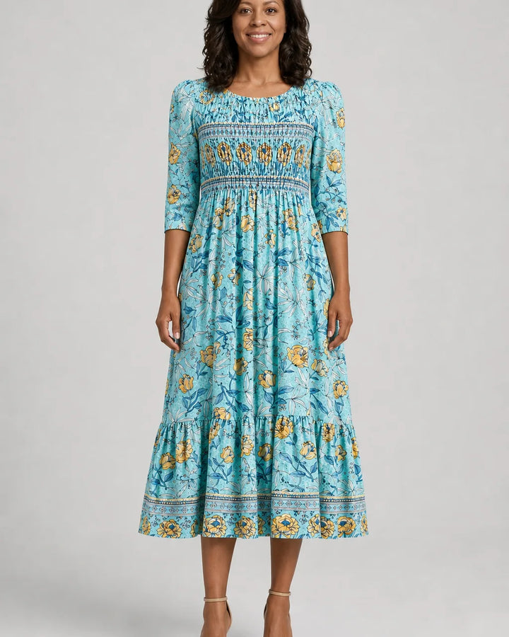 Amara | Golden Bloom Smocked Garden Midi Dress