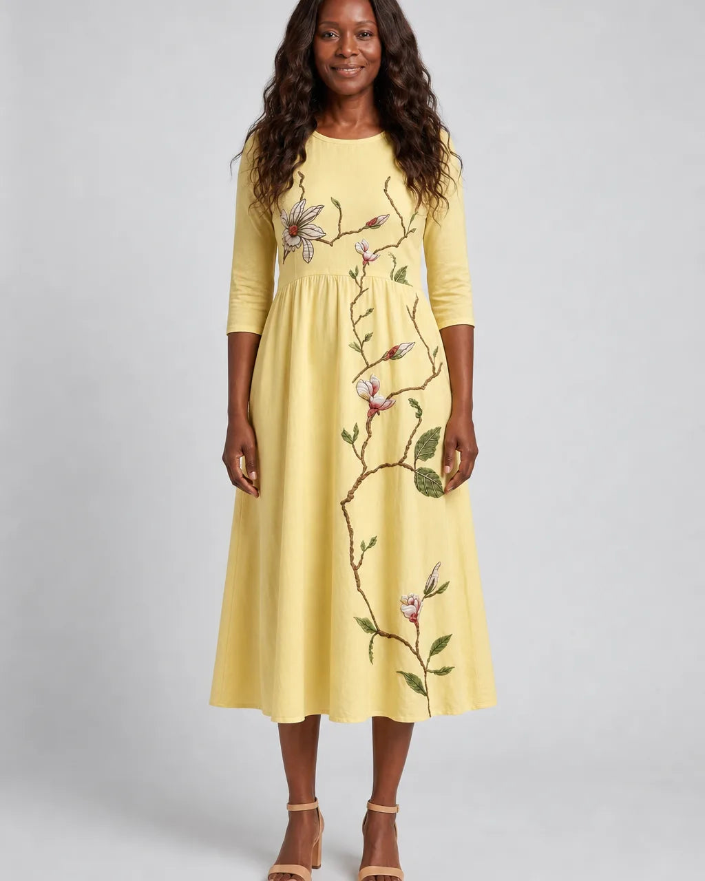 Yara | Golden Blossom Pocket Midi Dress
