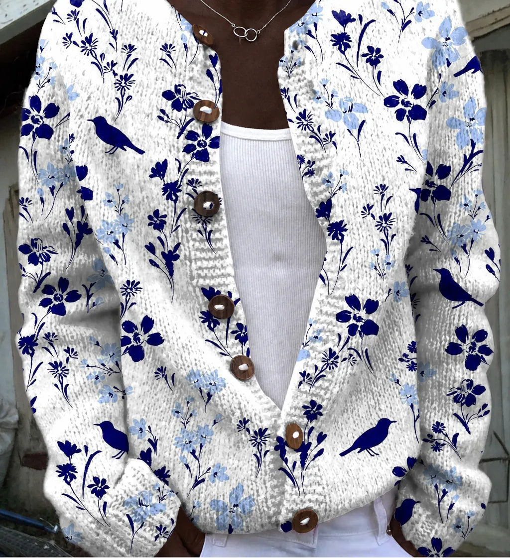 Vynora | Vintage Floral Bird Print Button-Front Cardigan Sweater