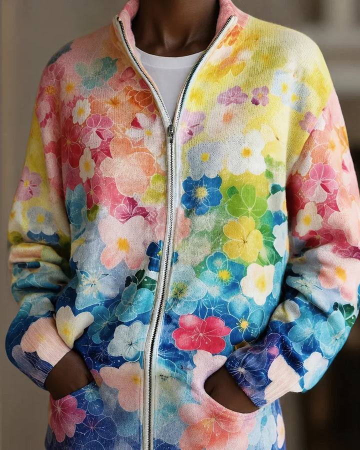 Augusta | Watercolor Floral Ombre Zip Cardigan