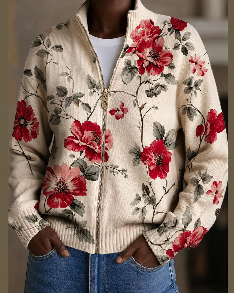Wilhelmine | Vintage Rose Print Zip Cardigan