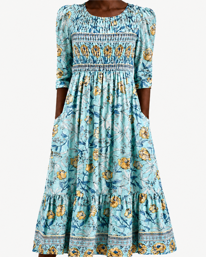 Morayo | Golden Bloom Smocked Garden Midi Dress