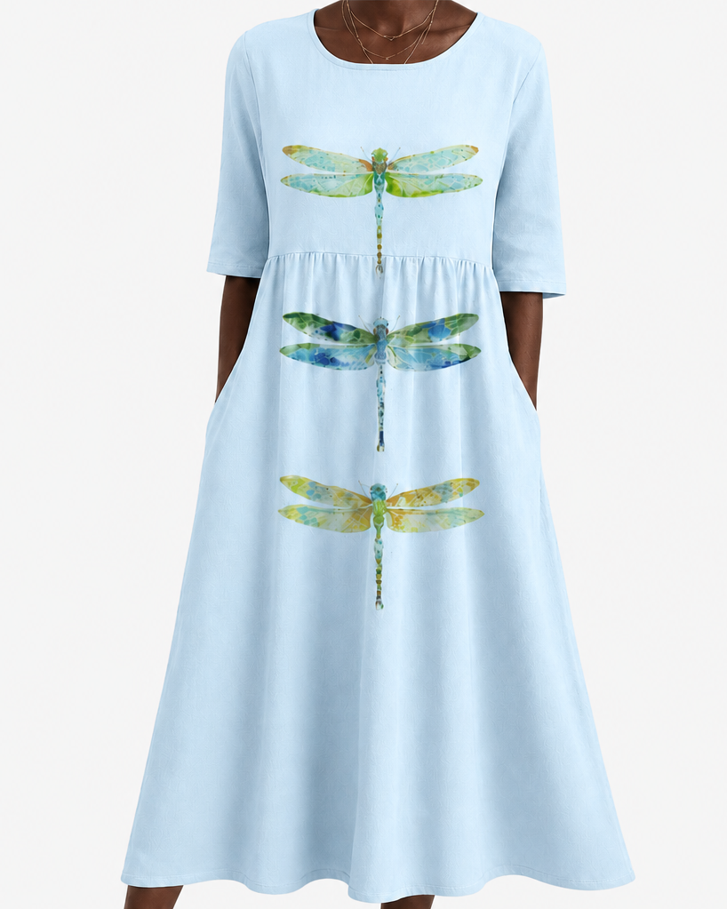 Temperance | Sky Meadow Dragonfly Pocket Midi Dress