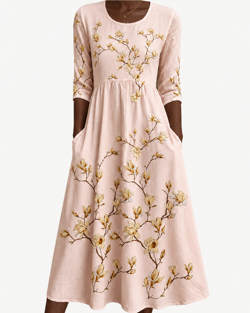 Kesandu | Golden Magnolia Bloom Pocket Midi Dress