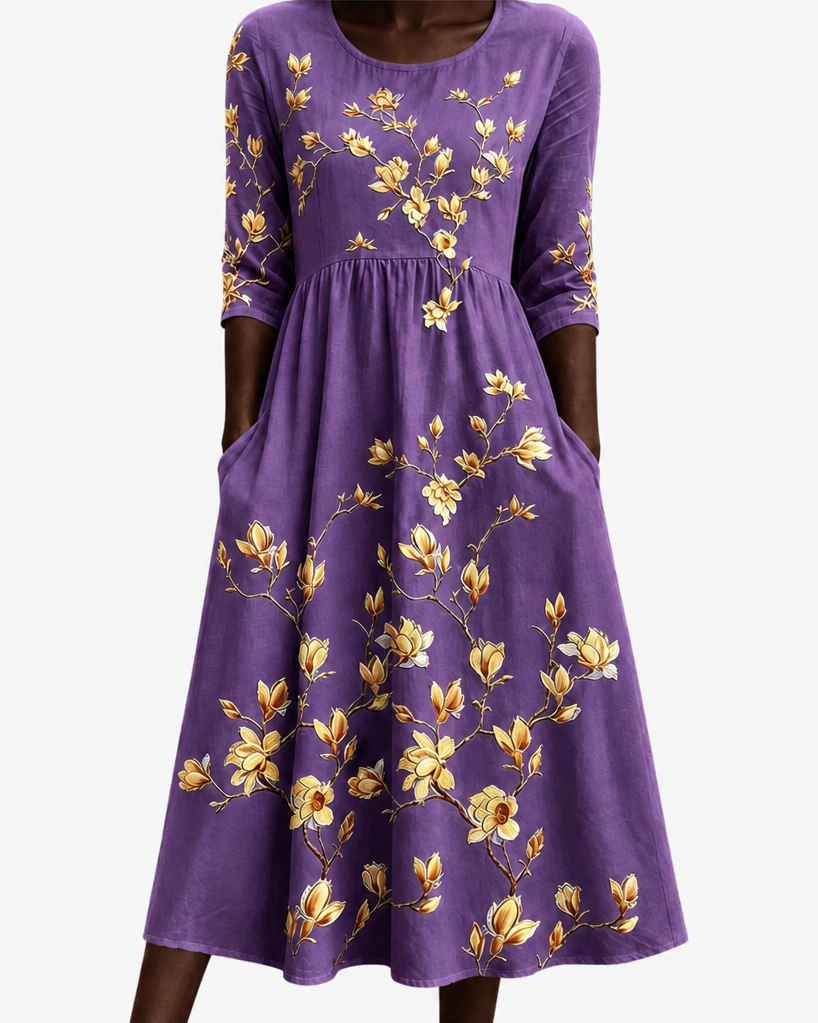 Ugochi | Golden Magnolia Charm Pocket Midi Dress