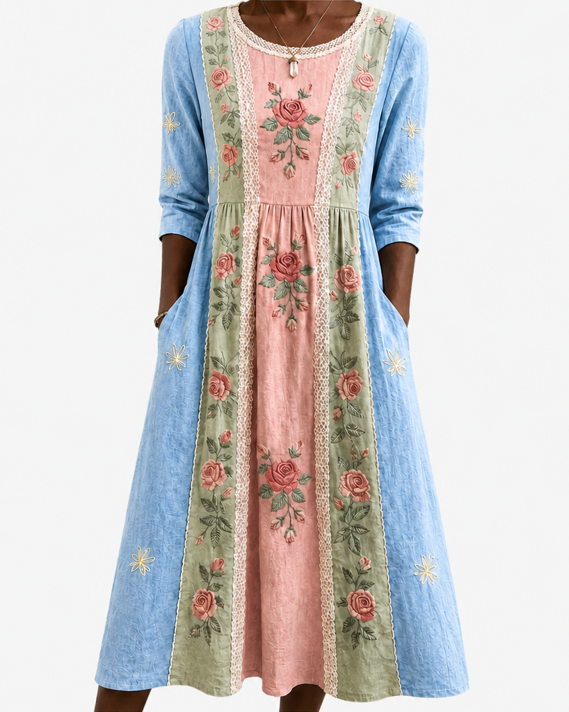 Xola | Vintage Rose Garden Patchwork Pocket Dress
