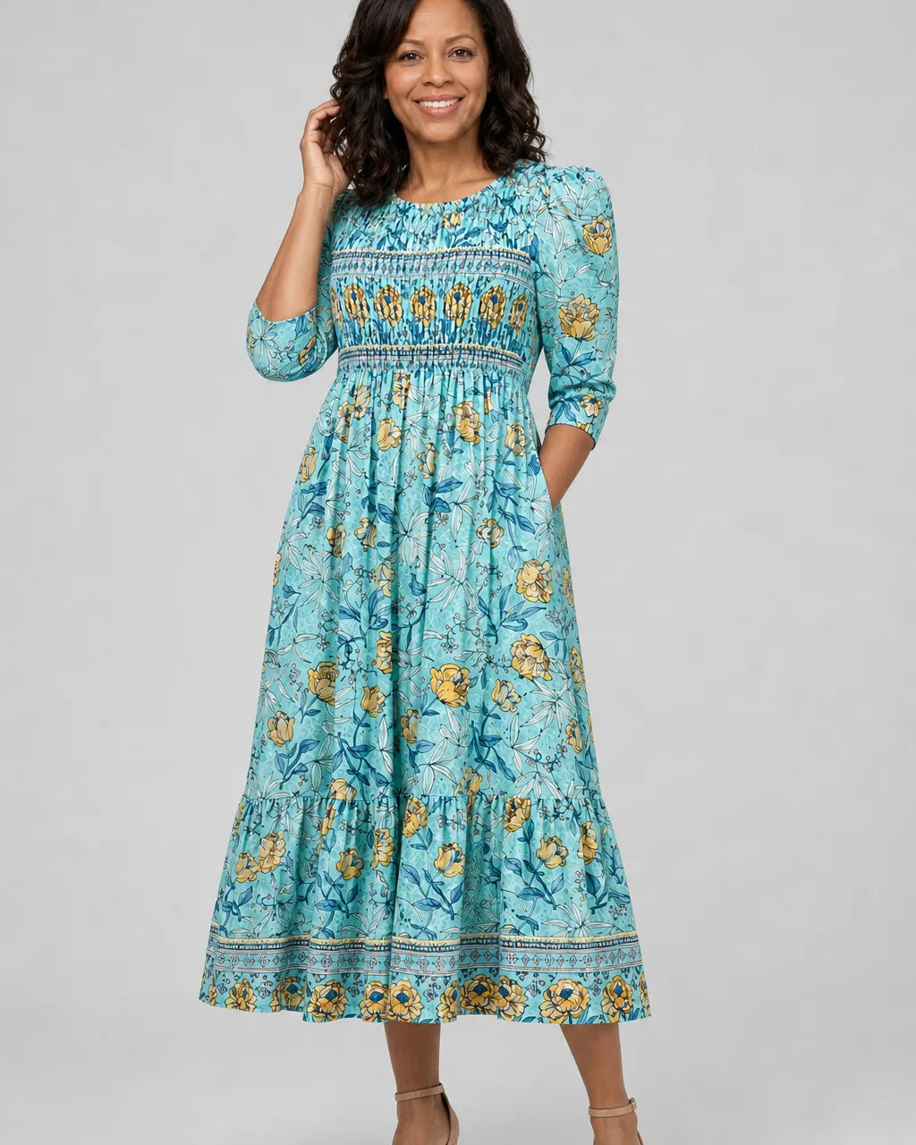 Amara | Golden Bloom Smocked Garden Midi Dress