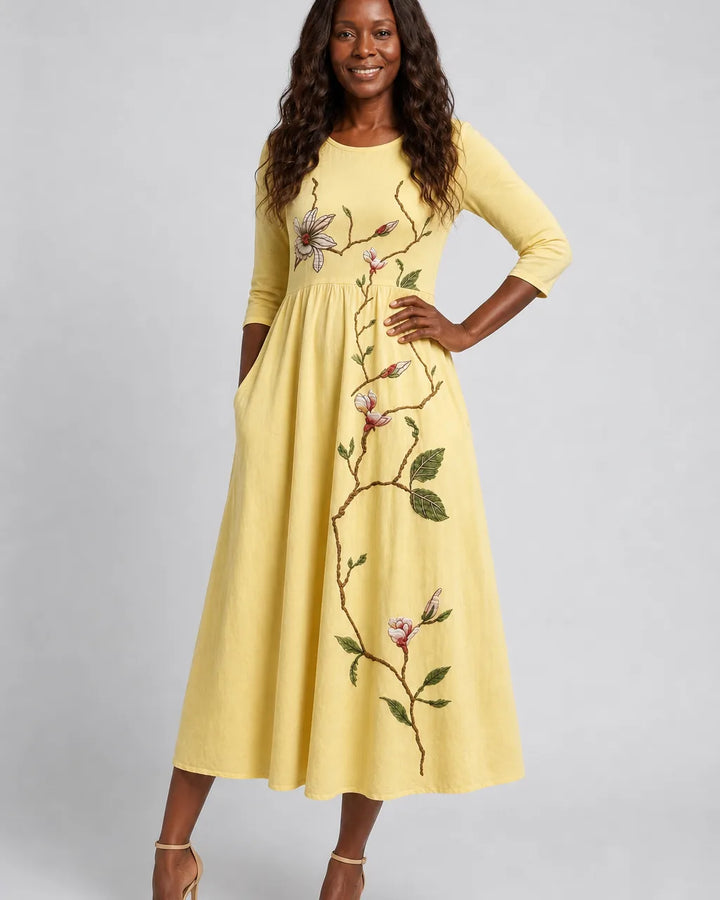 Yara | Golden Blossom Pocket Midi Dress