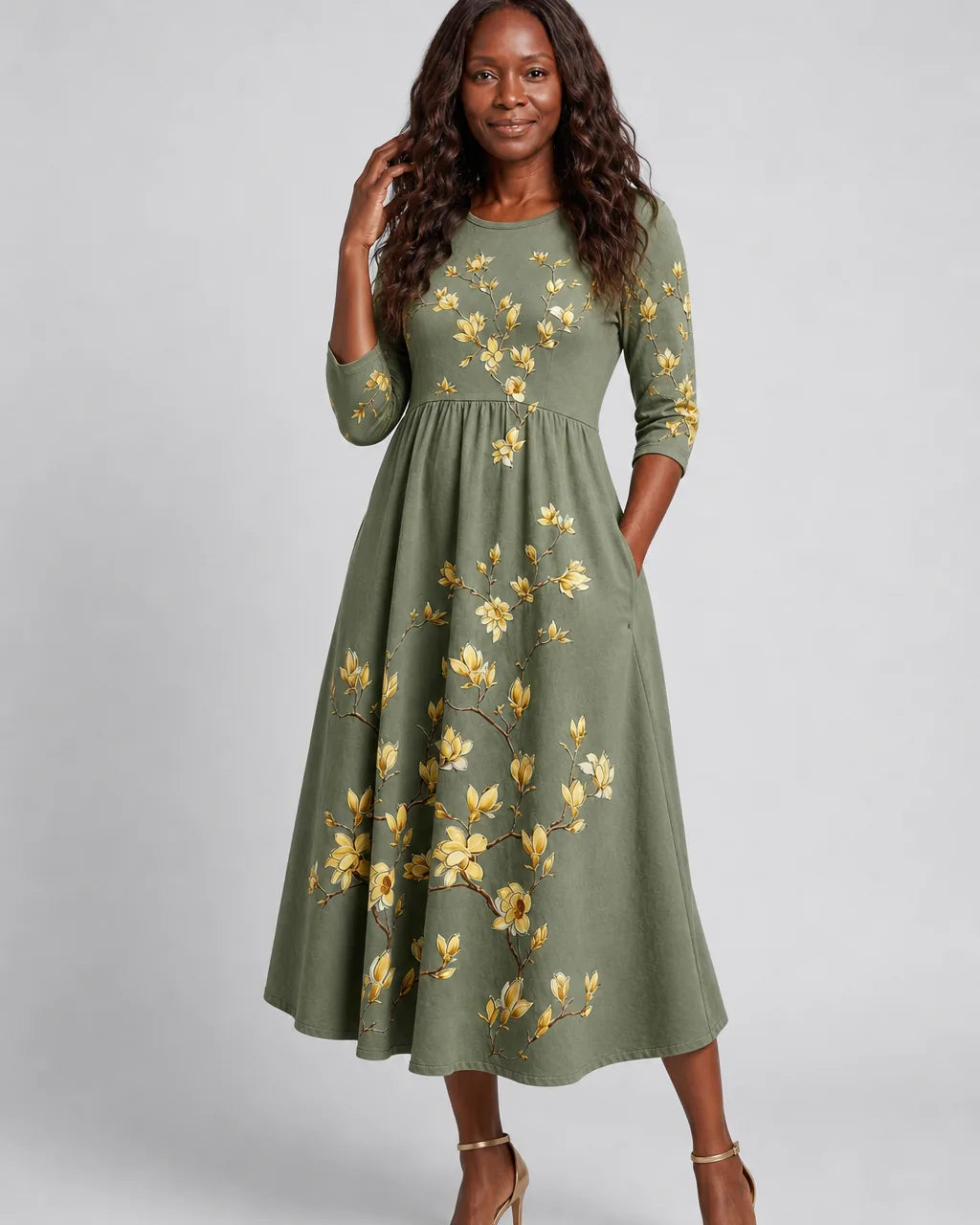 Oni | Sage Blossom Grace Pocket Midi Dress