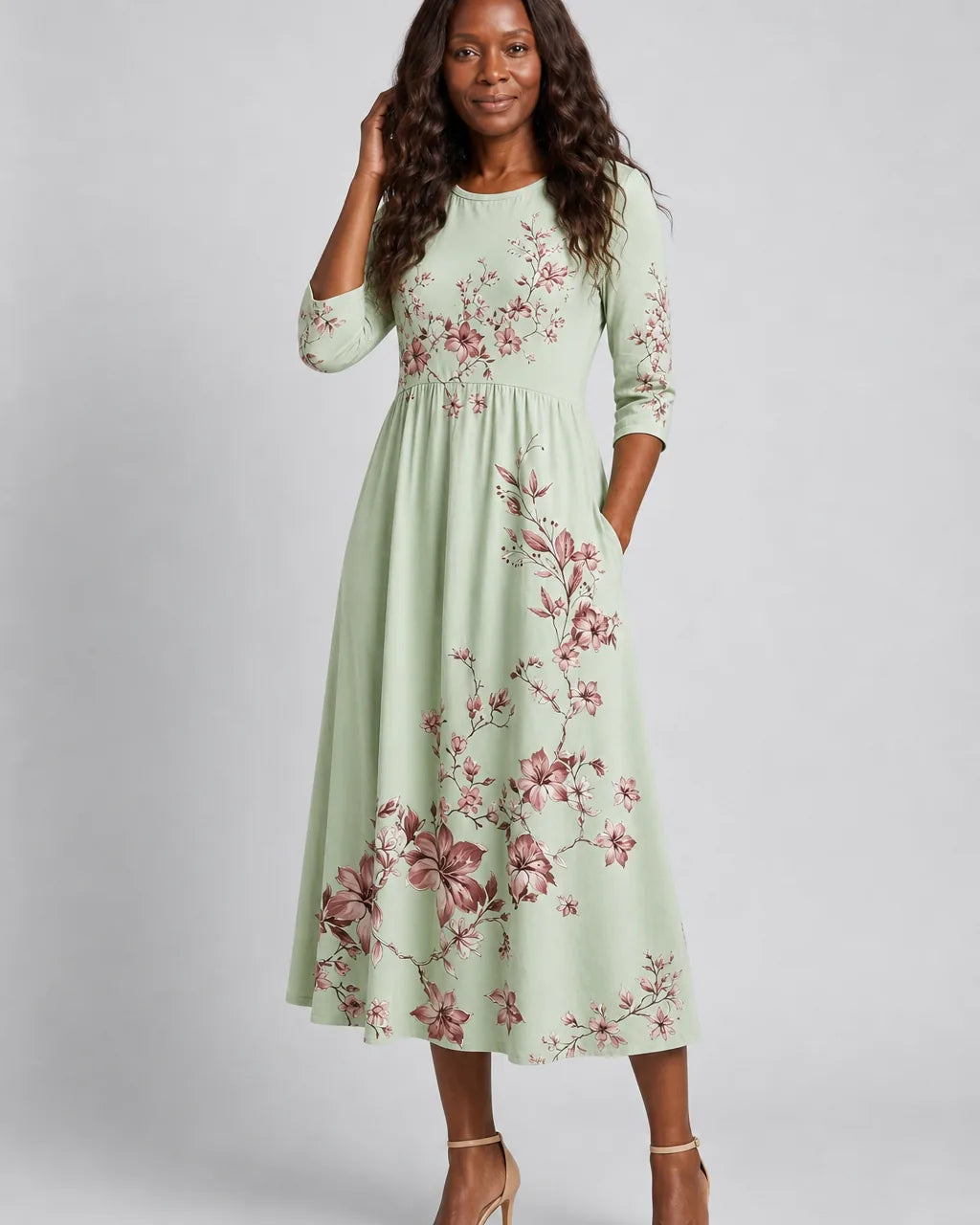 Makeda | Sage Blossom Grace Pocket Midi Dress