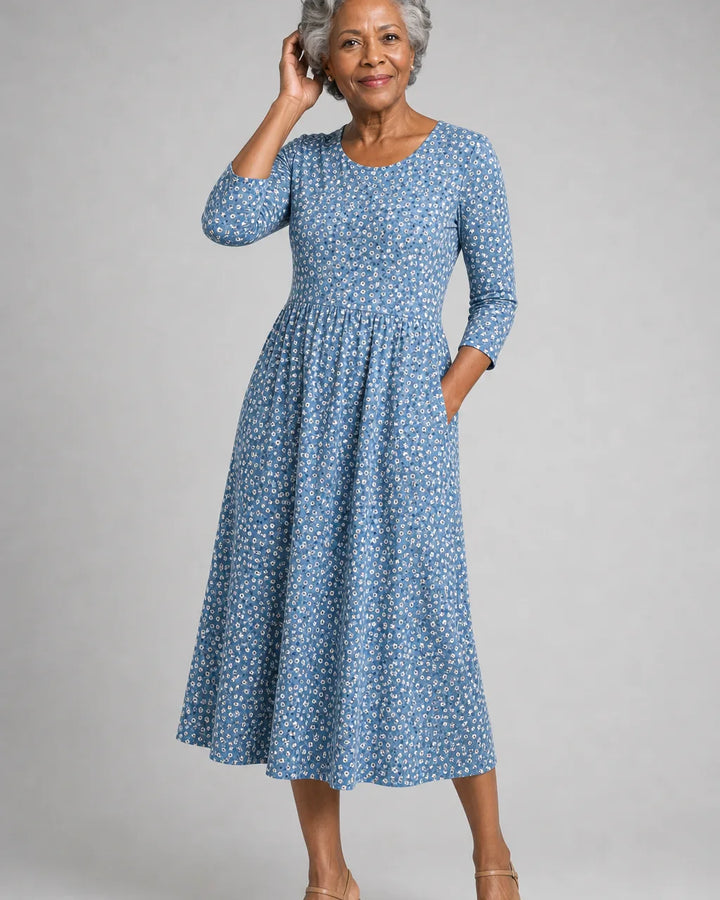 Nia | Blue Meadow Easy-Wear Floral Midi Dress