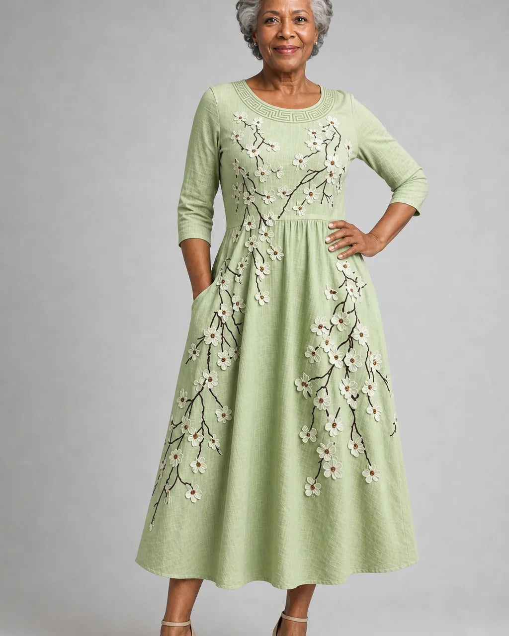 Sade | Sage Blossom Garden Pocket Midi Dress