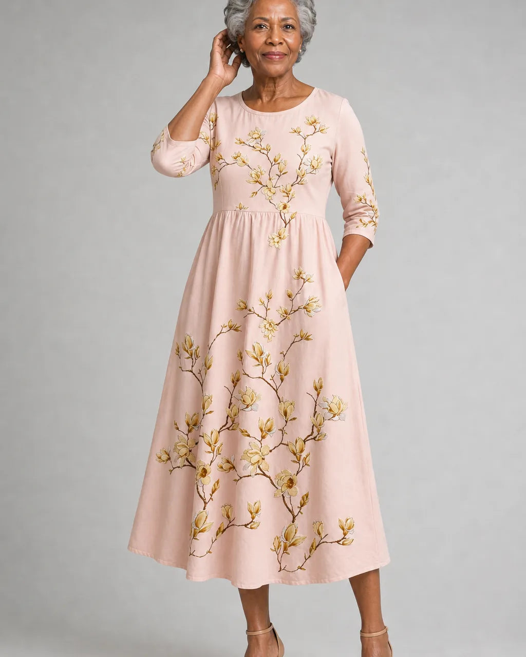 Amani | Golden Magnolia Bloom Pocket Midi Dress