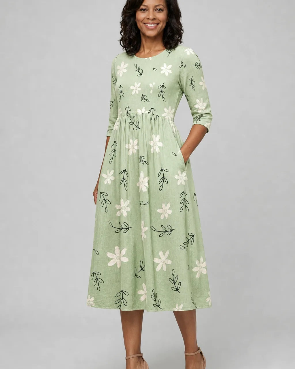 Kaya | Sage Blossom Everyday Pocket Midi Dress