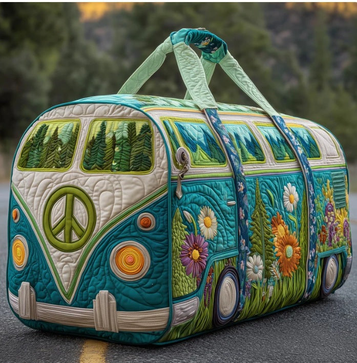 Verlene | Quilted Weekend Bag — quilted duffle bag with a retro camper van design, teal and aqua body with a cream roof, pine trees and an olive peace sign