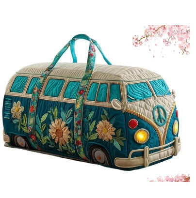 Arletha | Quilted Weekend Bag — quilted duffle bag with a retro camper van design, teal body with a cream roof, sunflowers and daisies