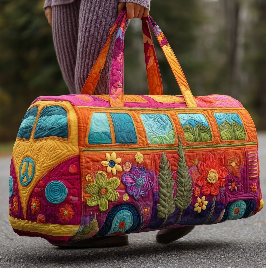 Tressie | Quilted Weekend Bag — quilted duffle bag with a retro camper van design, amber orange body with teal windows and a scatter of flowers