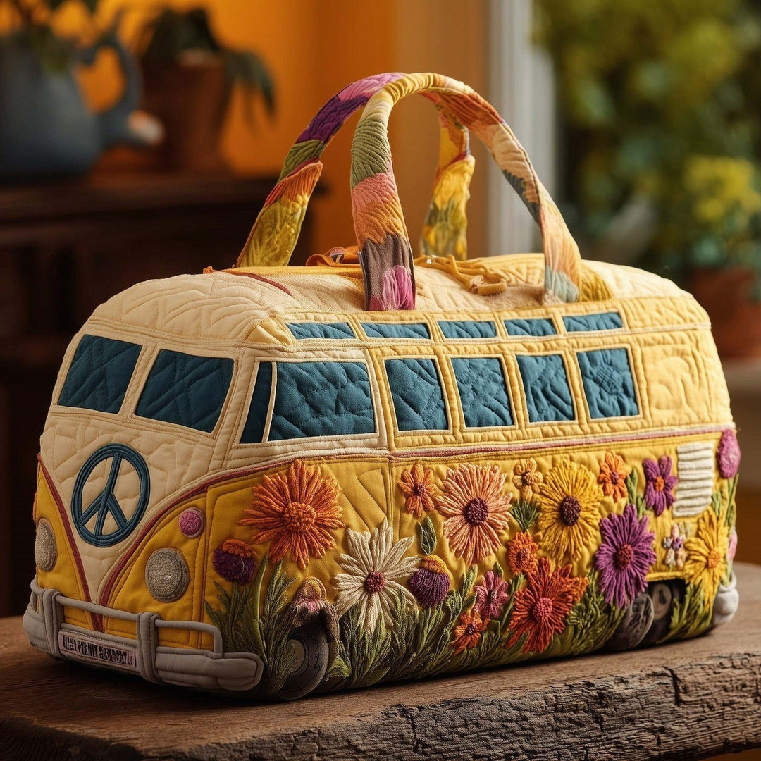 Ardelia | Quilted Weekend Bag — quilted duffle bag with a retro camper van design, cream body with teal windows and a band of pink and purple flowers