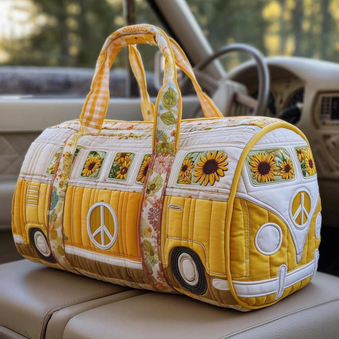 Odella | Quilted Weekend Bag — quilted duffle bag with a retro camper van design, sunny yellow and cream body with sunflowers