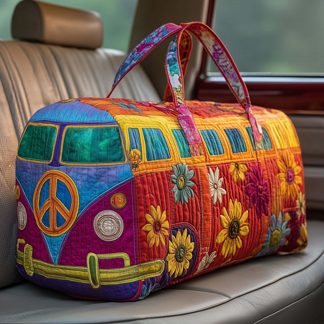 Lovenia | Quilted Weekend Bag — quilted duffle bag with a retro camper van design, blue front with red, orange and yellow panels and sunflowers