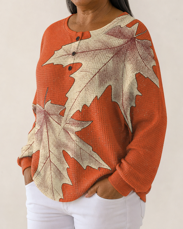 Eleanor | Autumn Leaf Button-Neck Sweatshirt