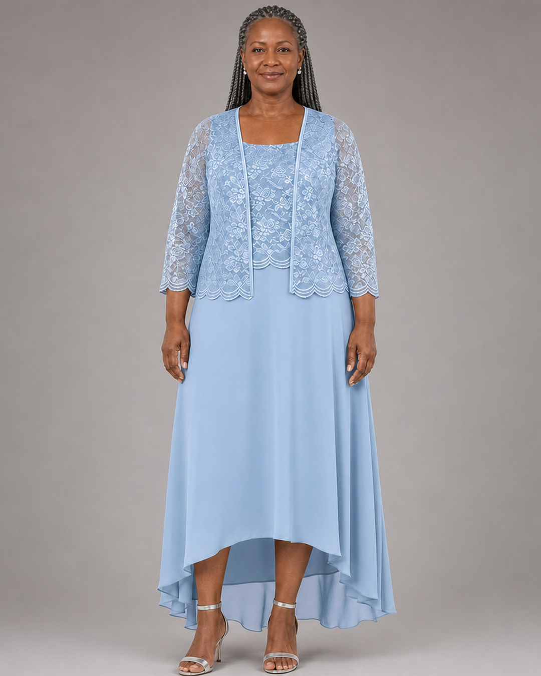 Elegant Lace Chiffon Midi Wedding Guest Dress with Jacket