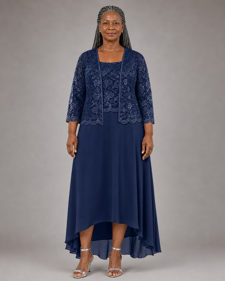 Elegant Lace Chiffon Midi Wedding Guest Dress with Jacket
