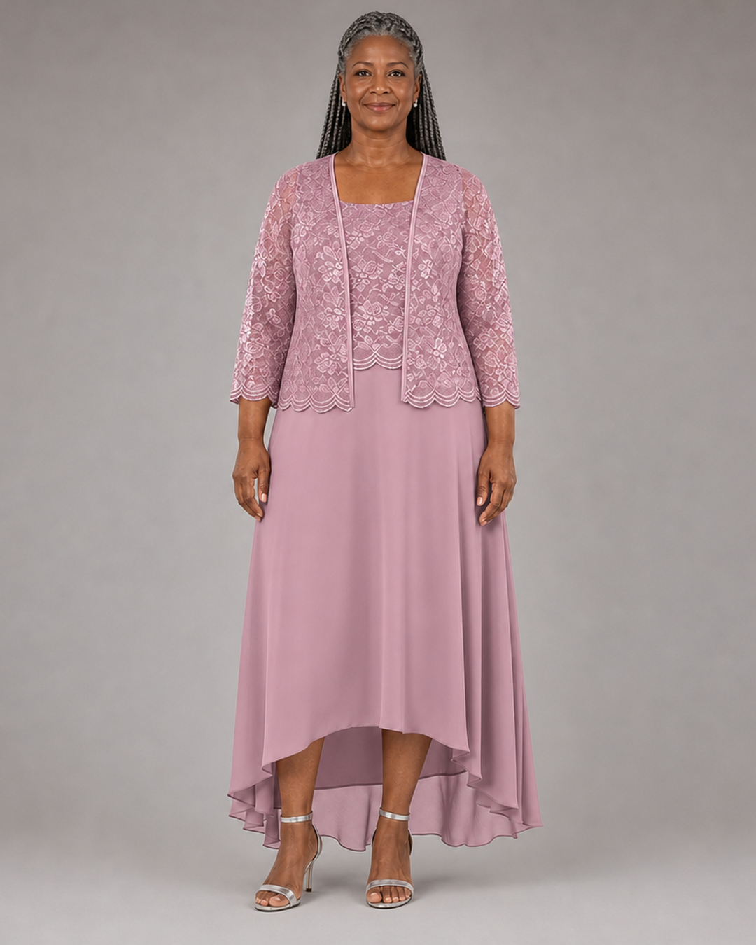 Elegant Lace Chiffon Midi Wedding Guest Dress with Jacket