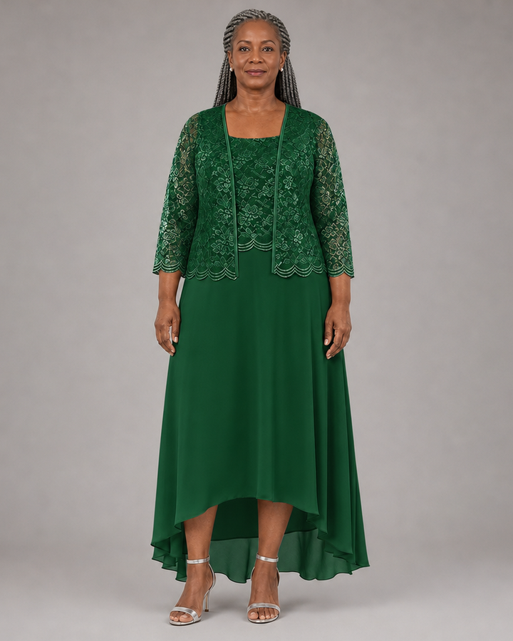 Elegant Lace Chiffon Midi Wedding Guest Dress with Jacket