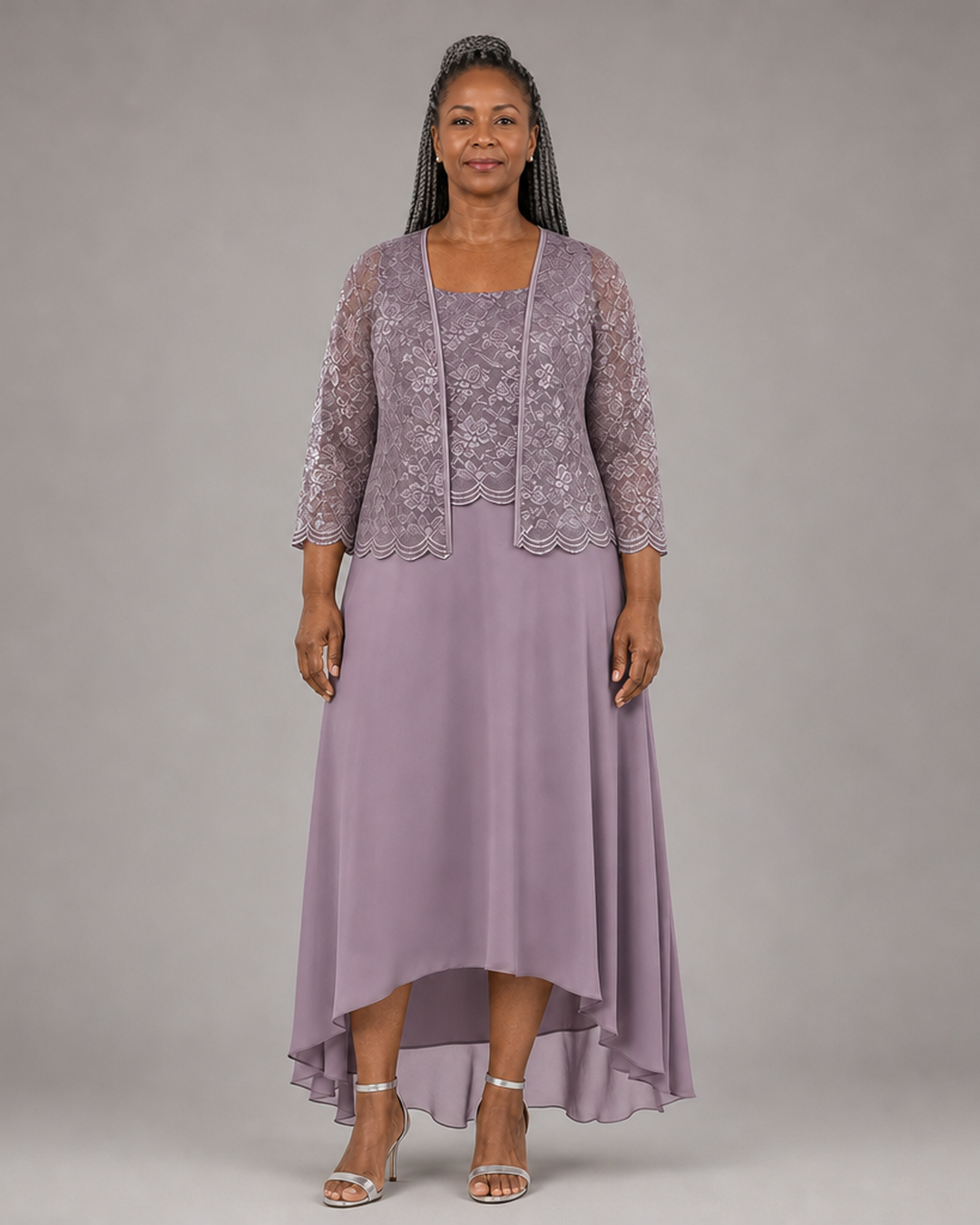 Elegant Lace Chiffon Midi Wedding Guest Dress with Jacket