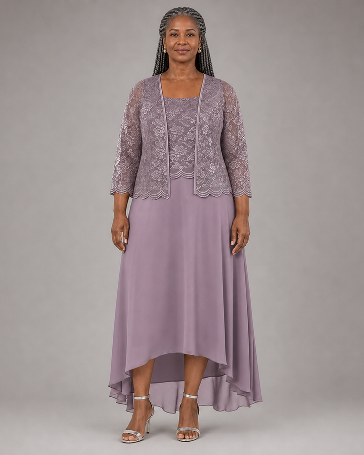 Elegant Lace Chiffon Midi Wedding Guest Dress with Jacket
