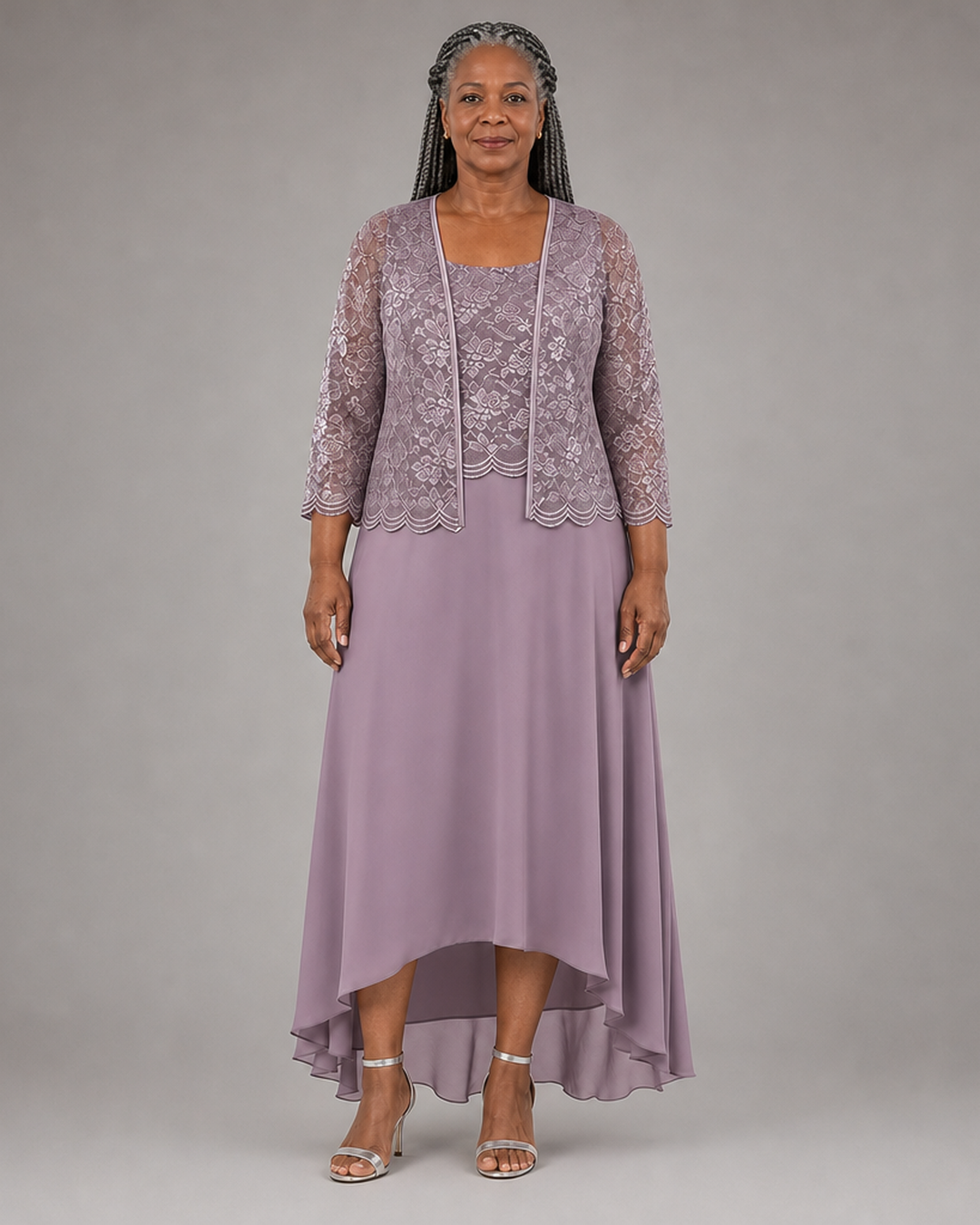 Elegant Lace Chiffon Midi Wedding Guest Dress with Jacket
