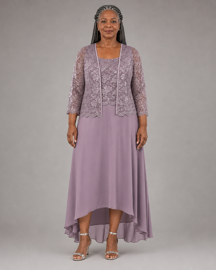 Elegant Lace Chiffon Midi Wedding Guest Dress with Jacket