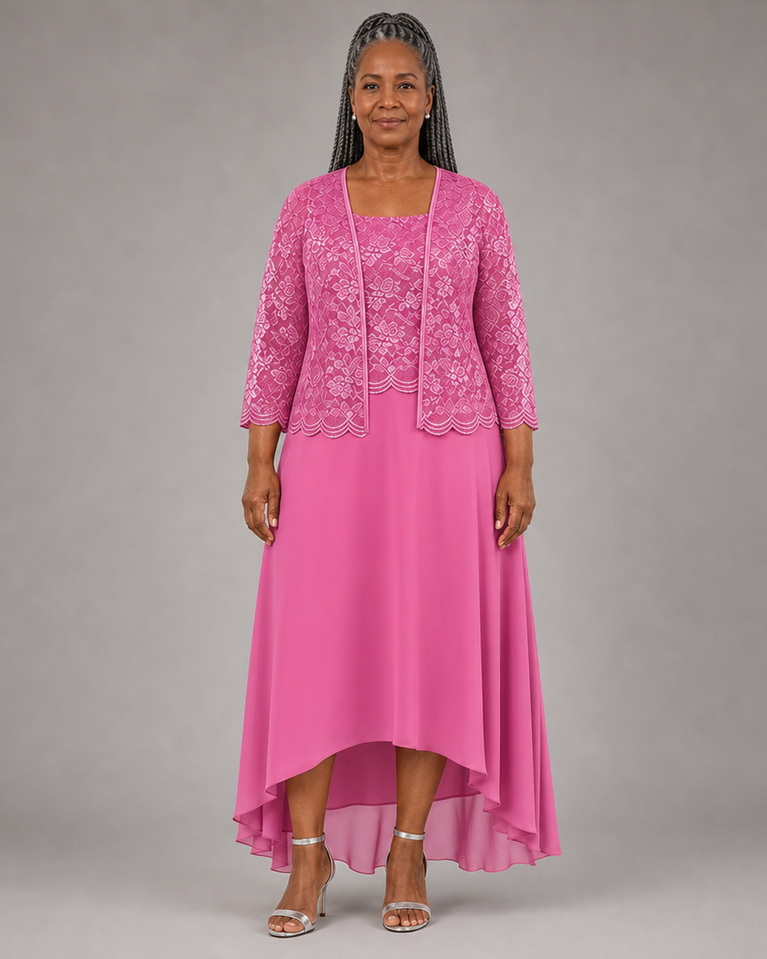 Elegant Lace Chiffon Midi Wedding Guest Dress with Jacket