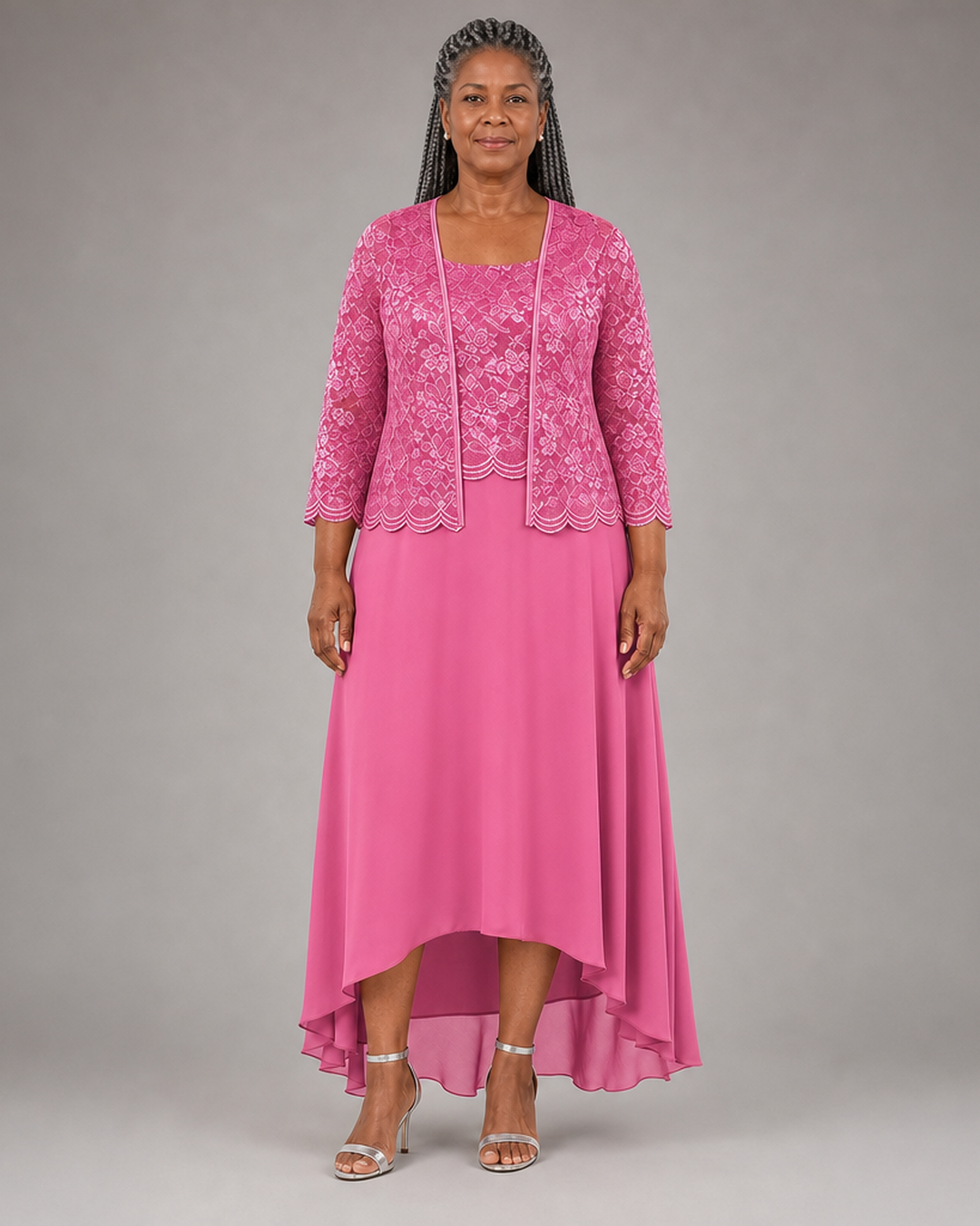 Elegant Lace Chiffon Midi Wedding Guest Dress with Jacket