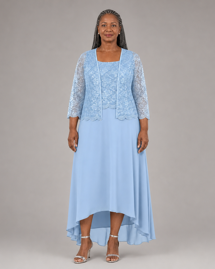 Elegant Lace Chiffon Midi Wedding Guest Dress with Jacket