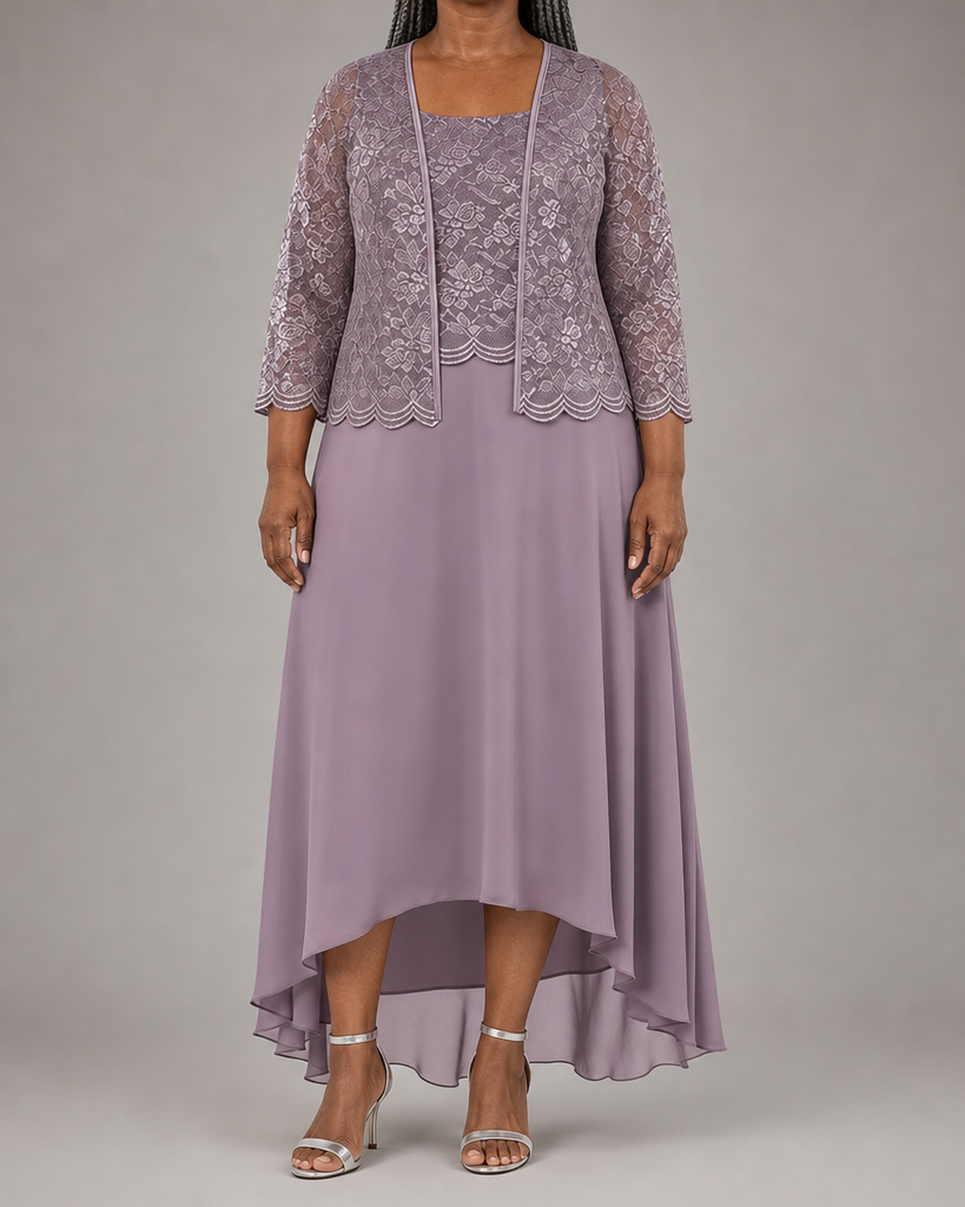 Elegant | Lace Chiffon Midi Wedding Guest Dress with Jacket