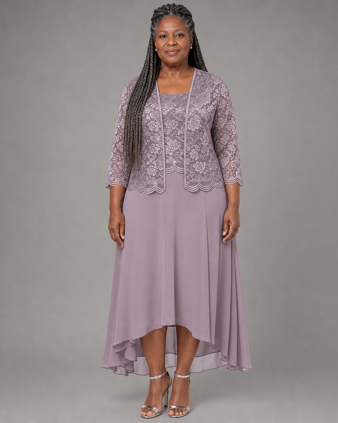 Elegant Lace Chiffon Midi Wedding Guest Dress with Jacket