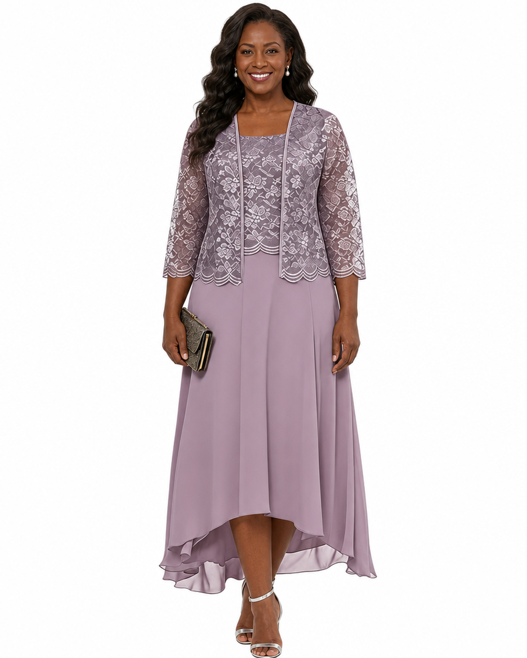 Elegant Lace Chiffon Midi Wedding Guest Dress with Jacket