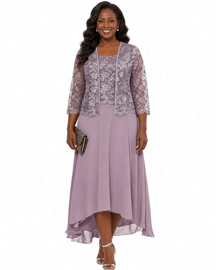 Elegant Lace Chiffon Midi Wedding Guest Dress with Jacket