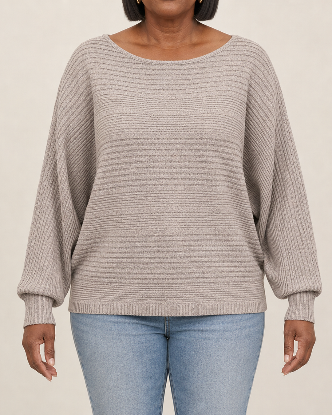Elena | Ribbed Batwing Sleeve Sweater - Khaki