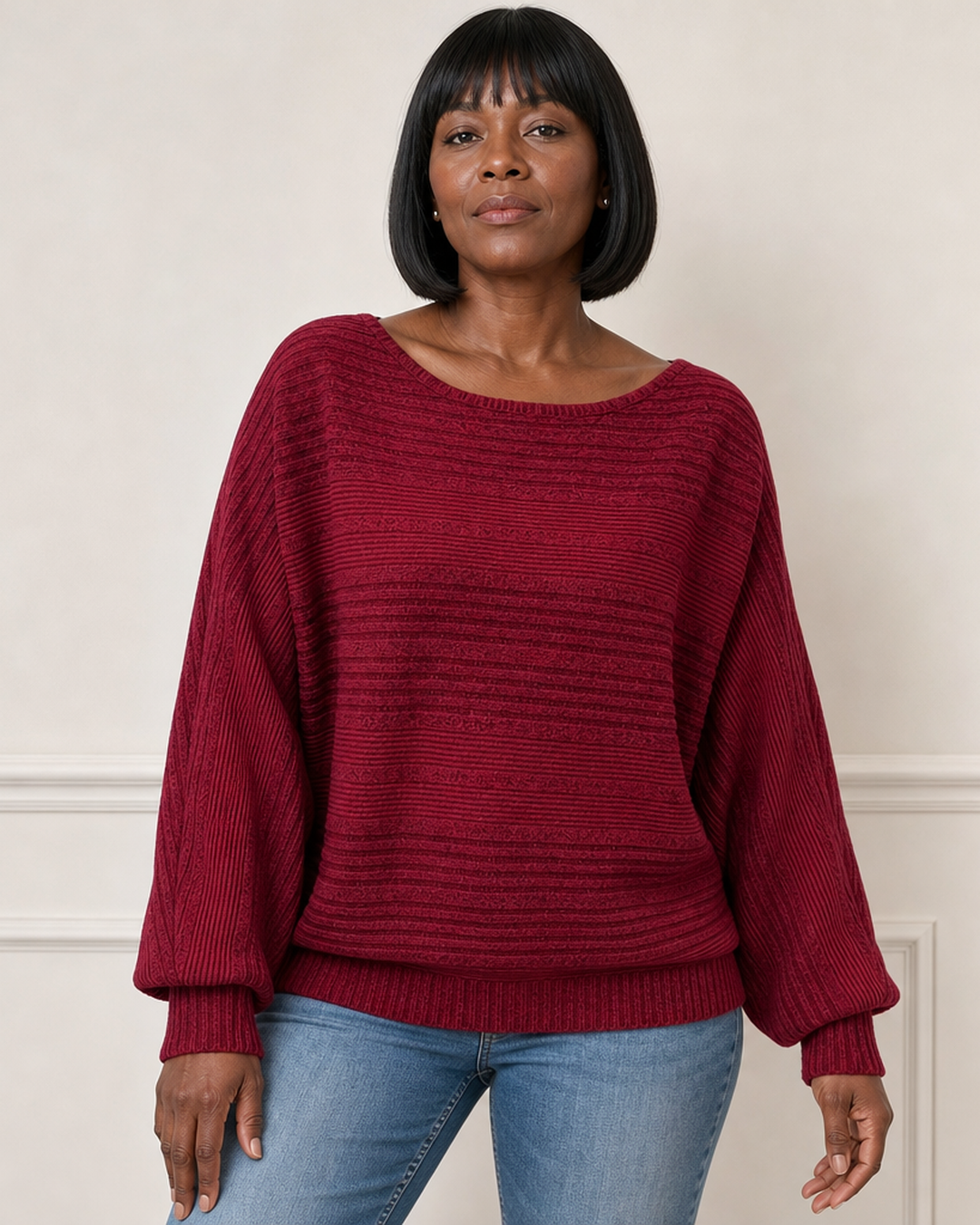 Elena | Ribbed Batwing Sleeve Sweater - Wine