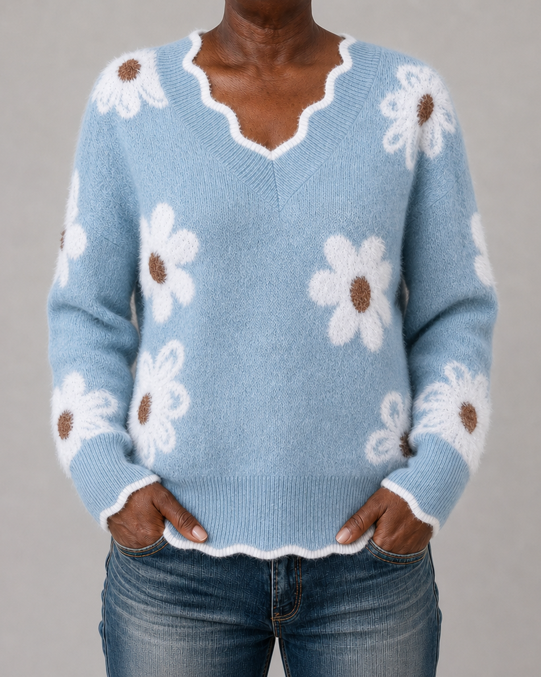 Ellsbeth | Floral Knit Scalloped V-Neck Sweater